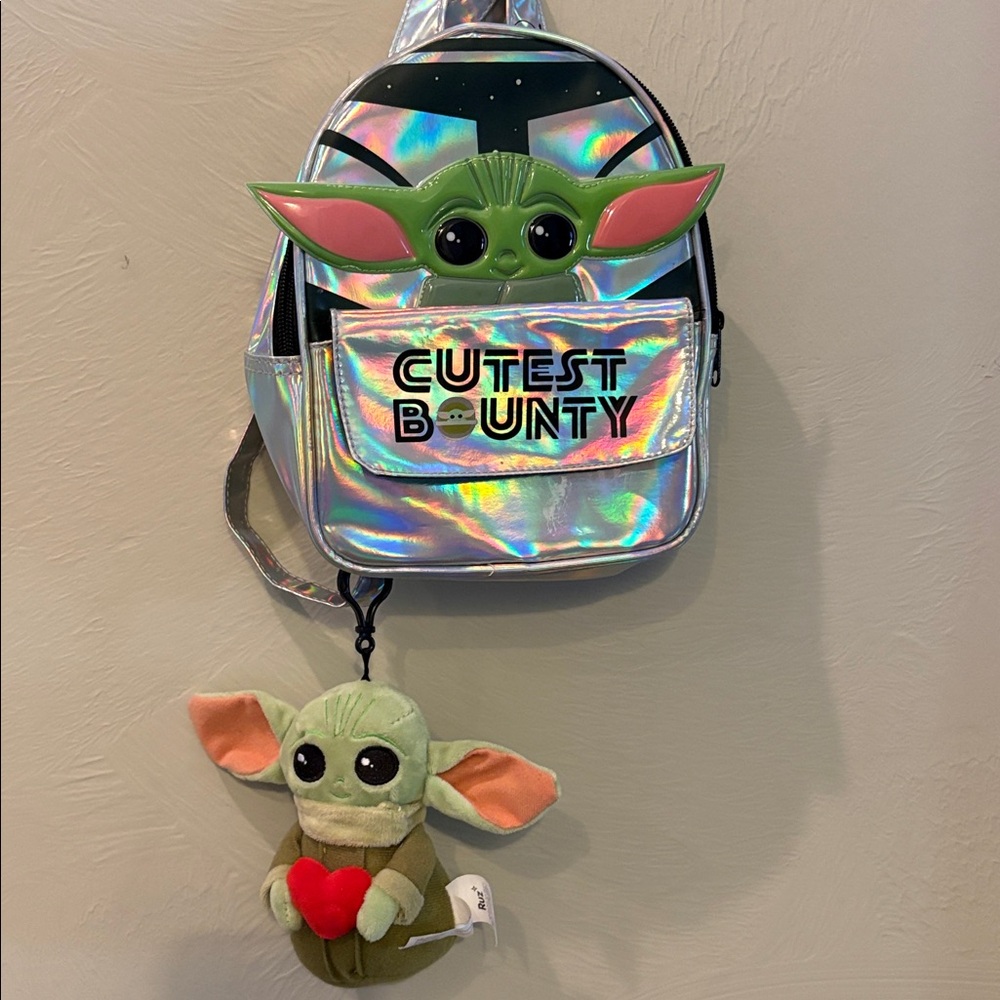 Disney Star Wars Mandalorian Baby Yoda holographic mini Backpack with bag charm